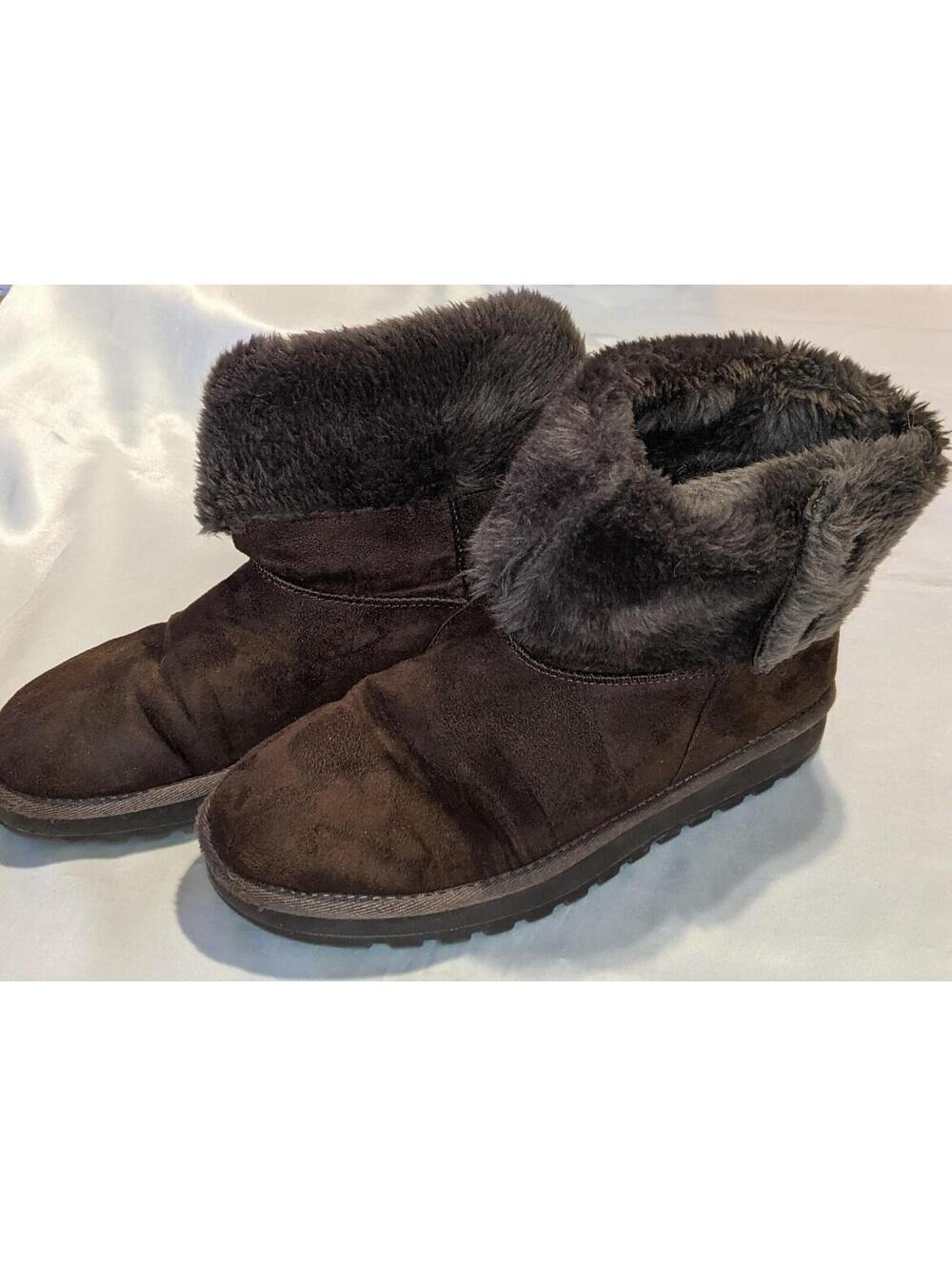 Vintage Skechers Womens Brown Suede Faux Fur Lined Foldover Button Boots Size 10